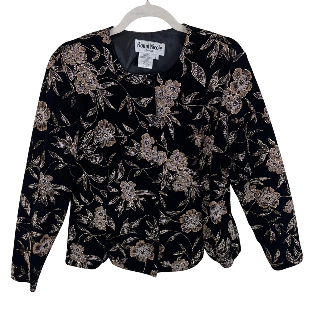 Ronni Nicole Vtg Black Velvet Glitter Floral Evening Jacket Blazer Gold Silver L